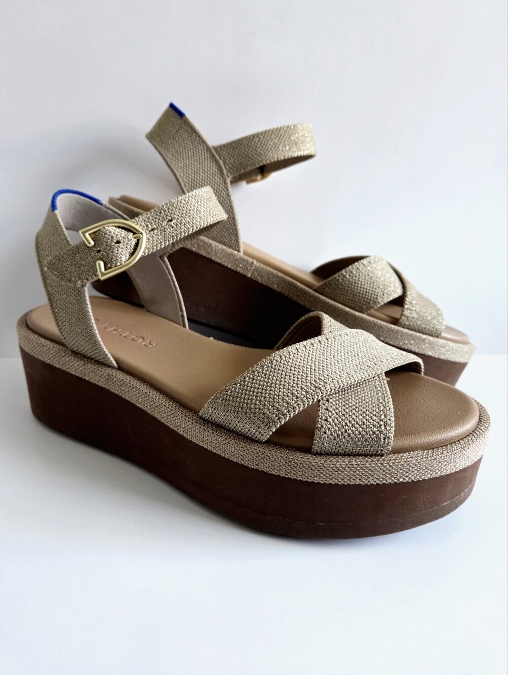 Rothy's Criss-Cross Metallic Gold/ Tan & Camel Platform Sandals, Size 6